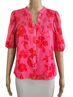LUCKY & COCO NWT Pink Floral Short Puff Sleeve Smocked Top -size large (EUC)